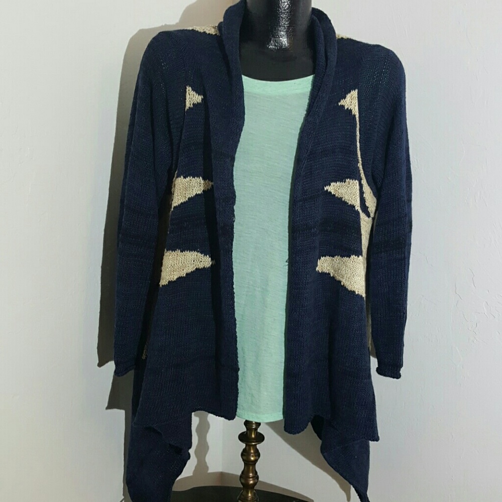 Lauren Ralph Lauren 2X Blue Cream Linen Blend Open Cardigan Chic